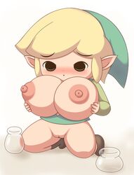 beige_skin blonde_hair blush boots bottle bottomless breast_grab breasts chibi clothes color driver000 female female_only footwear front_view green_eyes hair hat huge_breasts hylian kneeling link nipples open_eyes open_mouth pointy_ears rule_63 solo source_request the_legend_of_zelda uncensored vulva white_background rating:Explicit score:26 user:bot