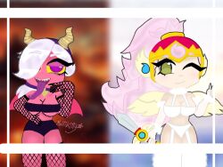  2girls brawl_stars colette_(brawl_stars) green_eyes janet_(brawl_stars) light_skin multikitty pink_hair purple_eyes red_body trixie_colette_(brawl_stars) white_hair  rating:explicit score: user:bot