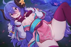 blush blushing breasts embarrassed female horn horns kindred league_of_legends medium_breasts pussy sollyz solo spirit_blossom_kindred thick_thighs thighhighs rating:Explicit score:139 user:WalterWhiteE