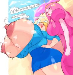 adventure_time big_breasts breaking_the_fourth_wall breast_envy bulumble-bee bursting_breasts cartoon_network fionna_the_human_girl fourth_wall genderbent gigantic_breasts huge_breasts large_areolae outside_of_border princess_bubblegum puffy_nipples smile sweat text_bubble thick_thighs tight_clothing wide_hips rating:Explicit score:488 user:lightswitch4th