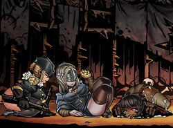 3girls ahoge ass_up black_hair blonde_hair broken_weapon crossover cum dark-skinned_female darkest_dungeon face_down_ass_up fire_keeper gun hair_bun hat light-skinned_female musketeer_(darkest_dungeon) niur occultist_(darkest_dungeon) short_hair tears tongue_out rating:Questionable score:36 user:Pyane