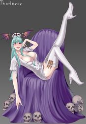 bat_wings big_breasts blue_hair breasts clothing darkstalkers demon demon_girl large_breasts light_blue_hair long_hair morrigan_aensland nurse sitting skull skulls smile smiling stockings succubus thotlerrr treartz wings rating:Questionable score:30 user:Monbo