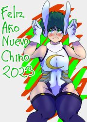 1boy blush crossdressing femboy feminine_male flat_chest frederickjdraws gloves green_eyes green_hair hero_outfit_(mha) izuku_midoriya male male_only miruko_(cosplay) my_hero_academia new_year_2023 solo thighhighs thighs wide_hips rating:Questionable score:25 user:FrederickJ