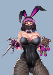 2d big_breasts big_thighs black_hair bowtie breasts bunny_ears bunnysuit female female_focus female_only fishnet fishnets mask masked_female mileena mortal_kombat mortal_kombat_x solo solo_female solo_focus tarkatan teddy_bear thighs thotlerrr treartz weapon yellow_eyes rating:Questionable score:101 user:Monbo