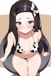 1girls ai_generated bikini black_hair blush cow_print demon_slayer female female_only hypercummies kamado_nezuko kimetsu_no_yaiba long_hair looking_at_viewer pink_eyes small_breasts solo thick_thighs rating:Explicit score:150 user:hyperCummie