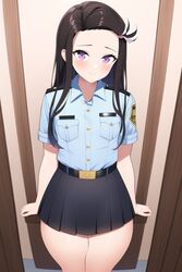 1girls ai_generated black_skirt demon_slayer female female_only hypercummies kamado_nezuko kimetsu_no_yaiba pink_eyes police police_uniform policewoman shy skirt small_breasts small_skirt solo thick_thighs rating:Safe score:178 user:hyperCummie