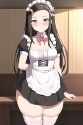 1girls ai_generated black_hair demon_slayer female female_only hypercummies kamado_nezuko kimetsu_no_yaiba maid_uniform pink_bow pink_eyes small_breasts solo thick_thighs rating:Explicit score:119 user:hyperCummie