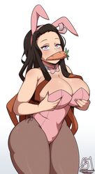 1girls big_breasts blush breasts bunny_ears bunny_girl bunnysuit carrot carrot_in_mouth demon_slayer fat_ass female female_only grabbing_breasts huge_breasts kamado_nezuko kimetsu_no_yaiba leotard long_hair pantyhose semidraws solo standing thick_thighs two_tone_hair wide_hips rating:Questionable score:812 user:DannyKibby_