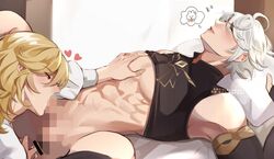 2boys abs alhaitham_(genshin_impact) archieloras ass_fingering bangs big_chest black_shirt blonde_hair blowjob censored chest_grab closed_eyes clothes_lift fingering gay genshin_impact grey_hair hair_between_eyes kaveh_(genshin_impact) luxurious_chest male_focus mosaic_censoring multiple_boys muscular muscular_male nipples oral penis pillow roommates shirt shirt_lift short_hair sleeping testicle_sucking yaoi rating:Explicit score:138 user:bot