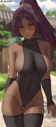 1girls bleach blush breasts brown_skin dark-skinned_female dark_skin female female_only huge_breasts leotard long_hair naughty_face oroborusart outdoors ponytail purple_hair savagexthicc shihouin_yoruichi sideboob slim_waist smile solo thick_thighs thighhighs thighs wide_hips yellow_eyes rating:Questionable score:347 user:NightSky77