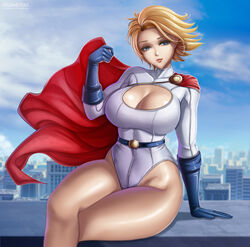 1girls 2d arm_support artist_logo bangs belt big_boobs big_breasts blonde_hair blue_eyes blue_sky breasts building cape cleavage cleavage_cutout clenched_hand clothing_cutout cloud cloudy_sky commentary covered_collarbone crossed_legs day dc dc_comics elbow_gloves female flowerxl gloves hand_up head_tilt heroine highleg highleg_leotard kara_zor-el karen_starr large_breasts leotard light_smile lips long_sleeves looking_at_viewer outdoors power_girl red_cape shiny shiny_hair shiny_skin short_hair simple_background sitting sky solo superman_(series) thick_thighs thighs turtleneck white_leotard wide_hips widescreen rating:Questionable score:69 user:Patrick_PAT