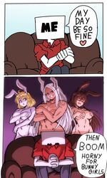 1boy 3girls anthro big_breasts breasts bunny_ears bunny_girl carrot_(one_piece) colored covered_breasts crossover eastern_and_western_character english_text faunus female humor iron_alchemist lewdamone long_hair meme miruko my_day_be_so_fine my_hero_academia nude nude_female one_piece rumi_usagiyama rwby short_hair speech_bubble standing text velvet_scarlatina wide_hips year_of_the_rabbit rating:Explicit score:434 user:Xang_edit