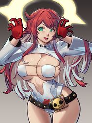 bikini bodysuit female green_eyes guilty_gear guilty_gear_strive jack-o'_valentine multicolored_hair red_hair skullworms solo_female white_hair rating:Explicit score:119 user:MoonLightdimmed