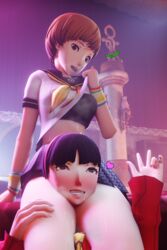 ...? 2girls 3d amagi_yukiko amateurthrowaway black_hair blush brown_eyes brown_hair head_between_thighs heart hi_res looking_down persona persona_4 satonaka_chie short_hair steam sweat yuri rating:Explicit score:129 user:Xotoj