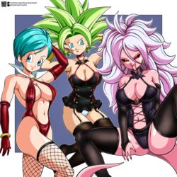 3girls android_21 black_sclera blue_eyes blue_hair bulma_briefs clothing dragon_ball dragon_ball_fighterz dragon_ball_super earrings female female_only fishnet_stockings franfuentesart2 fusion green_hair halloween halloween_costume kefla majin_android_21 panties pink_skin red_eyes shounen_jump stockings tagme white_hair white_panties rating:Questionable score:100 user:Duncan33303