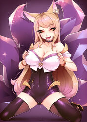 9_tails ahri alternate_costume alternate_hair_color alternate_hairstyle animal_ear_fluff animal_ears animal_girl big_breasts blonde_hair breasts busty cleavage clothing crystal_tail curves curvy curvy_body curvy_female curvy_females curvy_figure curvy_hips darklux eyelashes eyeliner eyeshadow facial_markings female fluffy fluffy_ears fox fox_ears fox_girl fox_tail hips hourglass_figure humanoid inner_ear_fluff k/da_ahri k/da_series kemonomimi kitsune large_breasts league_of_legends light-skinned_female light_skin long_hair multiple_tails nine_tailed_fox pale-skinned_female pale_skin riot_games tail thighs vastaya video_games yellow_eyes rating:Explicit score:60 user:LewdVesani