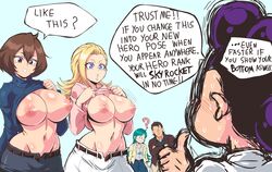 2boys 3girls areolae big_breasts blonde_hair breasts breasts_outside brown_hair dialogue english_text exposed_breasts flashing flashing_breasts green_hair large_breasts lewdamone long_hair mandalay minoru_mineta my_hero_academia nipples pixie_bob ragdoll_(my_hero_academia) ryuuko_tsuchikawa shino_sousaki short_hair speech_bubble text tomoko_shiretoko topless wide_hips wild_wild_pussycats rating:Explicit score:634 user:DannyKibby_