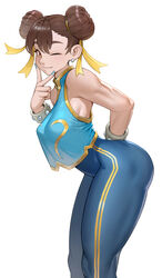 1girls arm_behind_back bent_over bracelet brown_eyes brown_hair capcom cheshirrr chun-li female female_only fully_clothed hair_buns hi_res looking_at_viewer side_view smiling smiling_at_viewer solo spiked_bracelet street_fighter street_fighter_alpha v_sign white_background wink winking_at_viewer rating:Safe score:206 user:!nner$elf89