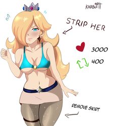 1girls blonde_hair blue_eyes blush bra cleavage crown earrings english_text female female_only hair_over_one_eye hartman_hips karbuitt mario_(series) nintendo pantyhose princess_rosalina simple_background skirt solo standing strip_game text twitter_strip_game_(meme) video_game video_games white_background rating:Explicit score:41 user:RatherNotSay