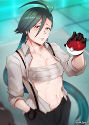 1girls asymmetrical_hair bandaged_chest breasts elite_four female female_only green_hair holding_object light-skinned_female light_skin long_hair looking_at_viewer naughty_face nintendo open_shirt pinkseito pokeball pokemon pokemon_sv ponytail red_eyes rika_(pokemon) sarashi small_breasts solo suspenders teal_hair rating:Questionable score:81 user:NightSky77