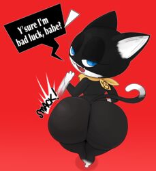 1boy 2020 anthro ass atlus bandana bedroom_eyes big_ass big_butt black_body black_fur blue_eyes butt_slap dialogue digital_media_(artwork) domestic_cat english_text eyelashes fat felid feline felis femboy fur girly half-closed_eyes hi_res huge_ass huge_butt jiggling kerchief looking_at_viewer looking_back looking_back_at_viewer male male_only mammal markings mask megami_tensei megami_tensei_persona morgana_(persona) narrowed_eyes nude onomatopoeia open_mouth open_smile ota_(artist) persona persona_5 presenting presenting_hindquarters raised_tail red_background scarf seductive simple_background slap slapping_own_butt slapping_self smile solo sound_effects speech_bubble tail tail_markings teapot_(body_type) text thick_thighs white_body white_fur wide_hips rating:Explicit score:210 user:Jaeblo