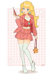 1girls blonde_hair blue_eyes breasts brooch cellphone coat earrings flip_phone high_heels holding_purse jivke long_hair looking_at_viewer mario_(series) medium_breasts nintendo painted_fingernails phone plaid plaid_skirt princess_peach purse school_uniform thighhighs rating:Safe score:51 user:267er