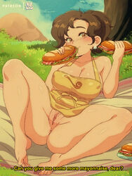 1girls anus apron blanket bluethebone brown_eyes brown_hair camping eating eating_food female game_freak hard_nipples milf mother mother_(pokemon_sv) naked_apron nintendo paldea_mother pigtail pokemon pokemon_sv pussy pussy_juice retro_artstyle sandwich tagme text vagina vulgar rating:Explicit score:224 user:Nach0id333