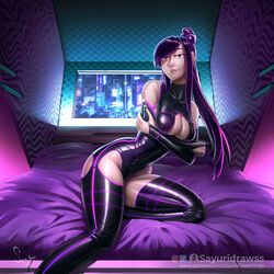 arms_crossed big_breasts cleavage_cutout cybernetics cyberpunk detailed detailed_background holding_breasts hotel latex_suit long_hair looking_at_viewer pantyhose ponytail purple_eyes purple_hair realistic_textures sayuri_(sayuridrawsthings) sayuridrawsthings solo_female solo_focus squeeze tight_clothing rating:Explicit score:27 user:sayuridrawss