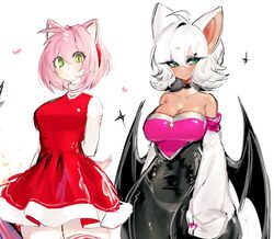 2girls ahoge amy_rose animal_ears big_breasts blush choker cleavage green_eyes headband humanized large_breasts pink_hair rouge_the_bat short_hair skirt sonic_(series) tail thick_thighs thighhighs usa37107692 white_background white_hair wide_hips wings rating:Questionable score:148 user:Dreak_Erik