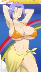 1boy 2023 armpits arms_up big_breasts bikini blue_hair breasts busty busty_boy crossdressing darm_engine fake_breasts femboy green_eyes hand_behind_head huge_breasts james_(pokemon) large_breasts lipstick looking_at_viewer male male_only male_with_breasts nintendo pokemon solo thick_thighs thighs wide_hips wink winking_at_viewer rating:Questionable score:103 user:Rex_Hollins