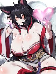 ahri_(cosplay) big_breasts black_hair black_panties blush blushing_at_viewer breasts cosplay heart huge_breasts k_(kurenaiz) kemonomimi kurenaiz1 league_of_legends looking_at_viewer mole mole_on_breast oc orange_eyes original_character sweat sweating thick_thighs rating:Questionable score:242 user:Gmareh32