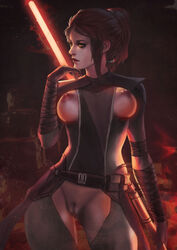 bandages bastila_shan bodysuit breasts breasts_out brown_eyes brown_hair exposed_pussy exposed_thighs functionally_nude knights_of_the_old_republic lightsaber looking_away military_uniform monorirogue ponytail pussy red_lightsaber sith star_wars thighs rating:Explicit score:267 user:Myfapacc