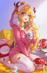 1girls 2023 breasts cleavage female female_only full_body holding_mug indoors kneeling large_breasts mario_(series) mitsu_art mug mushroom nintendo princess_peach reindeer_antlers sitting solo stocking stockings super_mario_bros. super_mario_bros._(nes) thighs wariza zettai_ryouiki rating:Questionable score:81 user:SalsaVerde