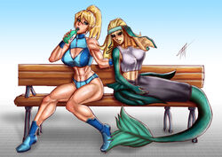 2023 black_sclera blonde_hair blue_eyes blush blushing bottle casual_outfit_(metroid) commission crack_ship crossover drinking drinking_water eastern_and_western_character embarrassed female human interspecies kamen_kaiser league_of_legends looking_down marai mermaid metroid monster_girl muscle muscular muscular_female nami_(league_of_legends) nervous ponytail red_eyes samus_aran shorts shy sweat sweatband sweating tanktop water_bottle wiping wiping_forehead wiping_sweat workout workout_clothes workout_clothing yuri rating:Questionable score:13 user:Lungdrakkar