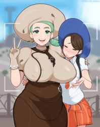 2girls afrobull age_difference apron bangs beauty_mark big_breasts breast_worship breasts camera_hud camera_view chubby closed_eyes clothed_female clothes clothing eyes_closed female female_only fully_clothed gloves green_eyes gym_leader hat huge_breasts human imminent_sex juliana_(pokemon) katy_(pokemon) kissy_face looking_at_viewer mature_female milf motion_lines nintendo nipple_bulge outdoors pale_skin peace_sign photo pokemon pokemon_sv puckered_lips school_uniform shorts smile standing sweat turquoise_hair unaware v voluptuous yuri rating:Questionable score:585 user:B1188