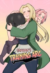 2girls afrobull carrying embarrassed female female_only grinning holding multiple_girls naruto naruto_shippuden sakura_haruno tsunade yuri rating:Questionable score:373 user:B1188