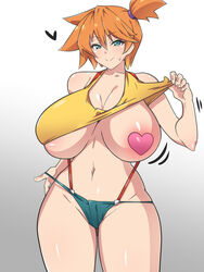 1girls adapted_costume alternate_breast_size asymmetrical_hair bare_arms bare_legs bare_shoulders big_boobs big_breasts blush breast_slip breasts busty cleavage clothing cowboy_shot curvaceous curvy curvy_body curvy_female dd_(artist) denim denim_shorts earrings female female_focus green_eyes gym_leader high_resolution huge_breasts kasumi_(pokemon) large_breasts legs looking_at_viewer navel nintendo orange_hair pokemon pokemon_(game) pokemon_character pokemon_rgby ponytail shirt short_hair short_shorts shorts side_ponytail simple_background smile solo standing tank_top thick_thighs thighs tied_hair underboob voluptuous white_background wide_hips yellow_shirt rating:Questionable score:138 user:Misty_lover