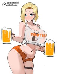 1girls android_18 big_breasts blonde_hair blue_eyes blush breasts donburikazoku dragon_ball dragon_ball_z female female_only hooters huge_breasts minishorts short_hair shorts solo standing thighs rating:Explicit score:298 user:Xang_edit