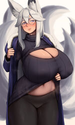 1girls breasts cleavage female female_only fox_ears fox_girl fox_tail glasses huge_breasts looking_at_viewer multiple_tails roresu solo rating:Questionable score:129 user:justausername