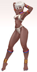 athletic athletic_female barefoot blue_eyes cheshirrr cleavage dark-skinned_female dark_skin elena_(street_fighter) jewelry long_legs looking_at_viewer perky_breasts short_hair street_fighter thick_thighs tribal white_hair rating:Questionable score:248 user:Crow_Dreadscythe