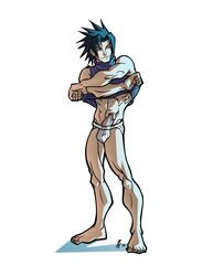 1boy 2010 barefoot blue_eyes closed_mouth clothes color colored erection final_fantasy final_fantasy_vii front_view hair human male male_only muscles penis schizoid solo spiky_hair standing teal_hair uncensored underwear zack_fair rating:Explicit score:26 user:bot