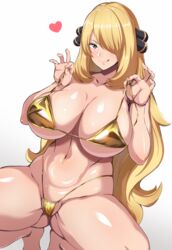 1girls blonde_hair breasts cynthia_(pokemon) female gold_bikini huge_breasts light-skinned_female light_skin long_hair looking_at_viewer maki_ikazuya naughty_face nintendo pokemon pokemon_dppt thick_thighs thighs wide_hips rating:Questionable score:141 user:NightSky77