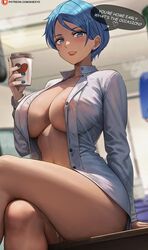 1girls areola_slip big_breasts blue_eyes blue_hair bottomless breasts bulma_briefs coffee_cup crossed_legs dragon_ball dragon_ball_super english_text female light_skinned_female nipples office_lady open_shirt shexyo short_hair sitting solo thick_thighs wet_pussy rating:Questionable score:654 user:N33dForBr33d