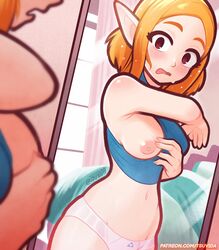 1girls blush brown_hair mirror nipples one_breast_out open_mouth partially_clothed pointy_ears princess_zelda short_hair solo standing sweat tears_of_the_kingdom the_legend_of_zelda tsuvida underwear zelda_(tears_of_the_kingdom) rating:Explicit score:313 user:LukeSkyLuke