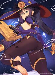 1girls armwear ass big_ass blue_eyes book breasts clothing dat_ass feet female female_only genshin_impact hat headwear huge_ass leggings legwear leotard mona_(genshin_impact) purple_hair solo solo_female squeezable stirrup_legwear thighs twintails witch witch_hat rating:Questionable score:273 user:daft_human