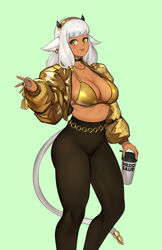 1girls alternate_costume animal_ears artist_name ash_(fire_emblem) bangs bell bikini bikini_top_only black_choker black_horns black_pants blunt_bangs breasts brown_eyes choker cleavage closed_mouth commentary commentary_request contemporary cow_ears cow_girl cow_horns cow_tail cup dark-skinned_female dark_skin ear_piercing english_commentary feet_out_of_frame female female_only fire_emblem fire_emblem_heroes gold_bikini gold_jacket green_background headband highres holding holding_bell holding_cup horns jacket jewelry large_breasts leggings legwear light_smile lips long_hair long_sleeves looking_at_viewer meziosaur multiple_rings necklace nintendo open_clothes open_jacket pants piercing ring simple_background smile solo standing swimsuit tail tan_body tan_skin thighs white_hair yellow_jacket yoga_pants rating:Questionable score:78 user:kris923