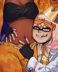 2girls abs belly belly_button breasts clothed_female crown dark-skinned_female dark_skin female_focus female_only fivey_wivey glasses inkling inkling_girl light-skinned_female light_skin looking_at_viewer marina_(splatoon) midriff midriff_focus octoling octoling_girl pearl_(splatoon) piercing ring smile smiling solo_female splatoon splatoon_2 splatoon_3 tentacle_hair rating:Questionable score:75 user:ArmpitsLover