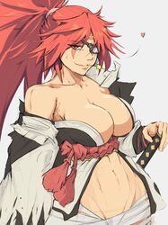 1girls abs absurd_res arc_system_works baiken bandage bangs bare_shoulders big_breasts boob_window cleavage exposed_shoulders facial_markings guilty_gear heart hi_res katana looking_at_viewer navel pink_hair ponytail red_eyes simple_background smile solo sword weapon white_background yoracrab rating:Questionable score:181 user:goplaykof