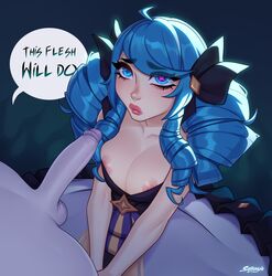 1boy 1girls big_breasts big_penis blue_eyes blue_hair boob_window breasts cleavage dress frown gwen_(league_of_legends) heterochromia league_of_legends league_of_legends:_wild_rift looking_up on_knees pale-skinned_male pale_skin pink_eyes ribbon riot_games satanya twin_drills twintails viego_(league_of_legends) rating:Explicit score:341 user:Make_Me_Your_Slut