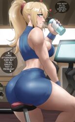 1girls absurdres ass big_ass big_butt blonde_hair blue_eyes breasts clothing echosaber female female_focus gym huge_ass large_breasts light-skinned_female long_hair metroid nintendo png samus_aran sitting sport_shorts sports_bra sweat tagme text thick_thighs water_bottle rating:Questionable score:575 user:N33dForBr33d